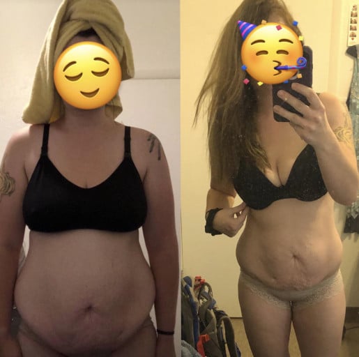 A progress pic of a 5'5" woman showing a fat loss from 180 pounds to 158 pounds. A net loss of 22 pounds.