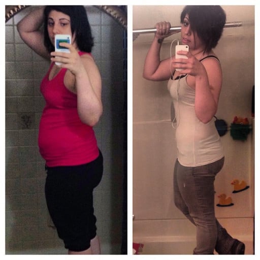 A progress pic of a 5'2" woman showing a fat loss from 170 pounds to 145 pounds. A respectable loss of 25 pounds.