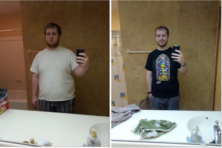 A before and after photo of a 5'10" male showing a weight reduction from 290 pounds to 190 pounds. A net loss of 100 pounds.