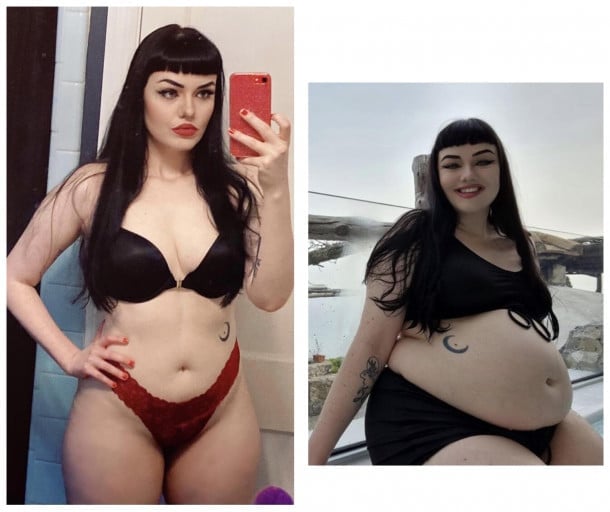 A progress pic of a 5'5" woman showing a fat loss from 220 pounds to 150 pounds. A respectable loss of 70 pounds.