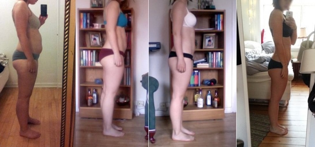 A photo of a 5'6" woman showing a fat loss from 178 pounds to 136 pounds. A total loss of 42 pounds.