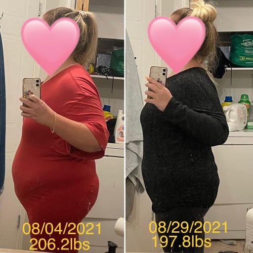 A progress pic of a 5'4" woman showing a fat loss from 274 pounds to 198 pounds. A respectable loss of 76 pounds.