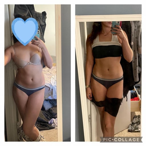 A progress pic of a 5'5" woman showing a fat loss from 150 pounds to 139 pounds. A respectable loss of 11 pounds.