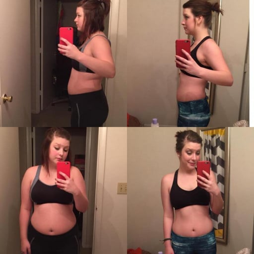 A progress pic of a 5'4" woman showing a fat loss from 164 pounds to 130 pounds. A net loss of 34 pounds.