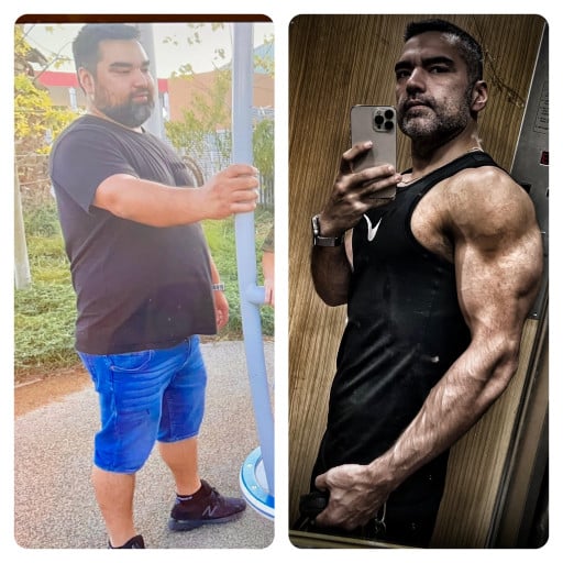 A before and after photo of a 5'9" male showing a weight reduction from 264 pounds to 154 pounds. A net loss of 110 pounds.