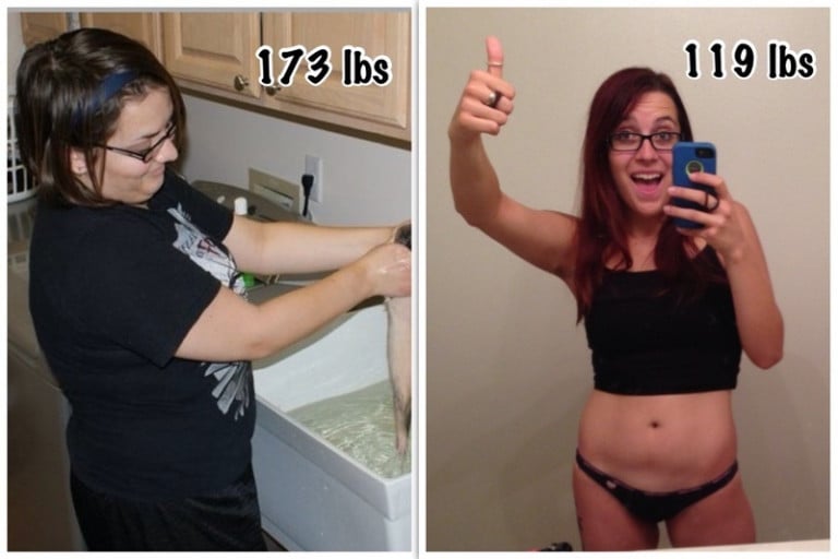 A before and after photo of a 5'3" female showing a weight reduction from 173 pounds to 119 pounds. A respectable loss of 54 pounds.