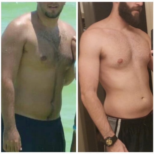 A before and after photo of a 5'11" male showing a weight reduction from 215 pounds to 175 pounds. A net loss of 40 pounds.