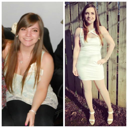 A picture of a 5'3" female showing a weight loss from 155 pounds to 135 pounds. A respectable loss of 20 pounds.