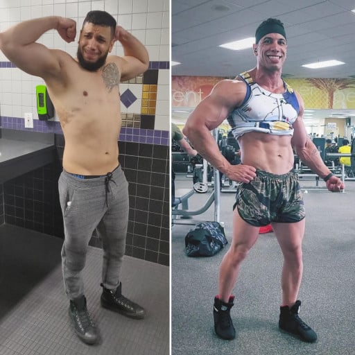 A before and after photo of a 5'10" male showing a weight reduction from 225 pounds to 205 pounds. A total loss of 20 pounds.