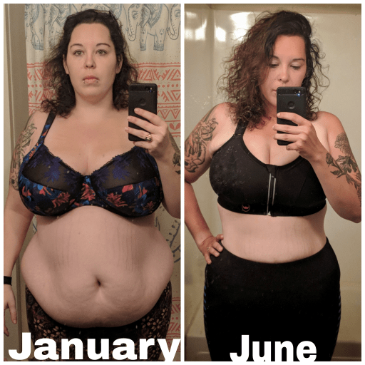 A picture of a 5'8" female showing a weight loss from 261 pounds to 209 pounds. A net loss of 52 pounds.