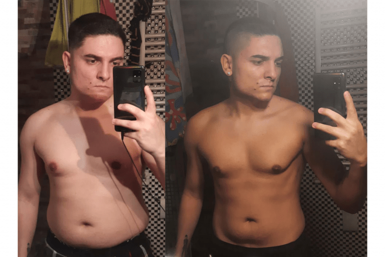 A before and after photo of a 5'6" male showing a weight reduction from 185 pounds to 141 pounds. A respectable loss of 44 pounds.