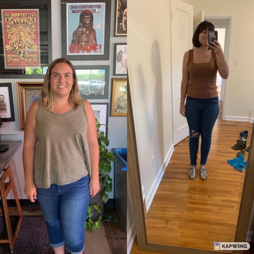 A progress pic of a 5'6" woman showing a fat loss from 210 pounds to 150 pounds. A total loss of 60 pounds.