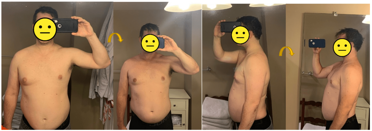 A progress pic of a 5'10" man showing a fat loss from 225 pounds to 200 pounds. A respectable loss of 25 pounds.
