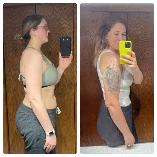 A before and after photo of a 6'3" female showing a weight reduction from 270 pounds to 220 pounds. A total loss of 50 pounds.