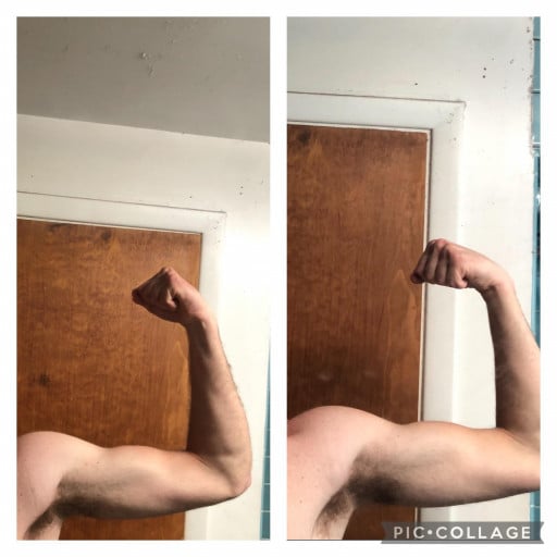 A photo of a 5'11" man showing a muscle gain from 145 pounds to 155 pounds. A total gain of 10 pounds.