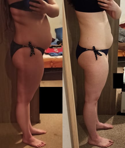 A before and after photo of a 5'7" female showing a weight reduction from 186 pounds to 168 pounds. A total loss of 18 pounds.