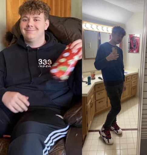 A before and after photo of a 6'0" male showing a weight reduction from 303 pounds to 170 pounds. A respectable loss of 133 pounds.