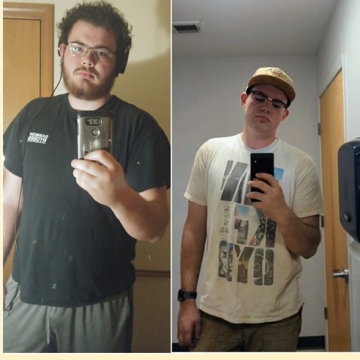 A progress pic of a 6'6" man showing a fat loss from 351 pounds to 250 pounds. A respectable loss of 101 pounds.