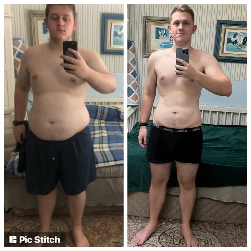 A progress pic of a 5'9" man showing a fat loss from 249 pounds to 186 pounds. A total loss of 63 pounds.