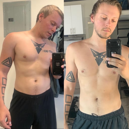 A progress pic of a 5'9" man showing a fat loss from 174 pounds to 163 pounds. A respectable loss of 11 pounds.