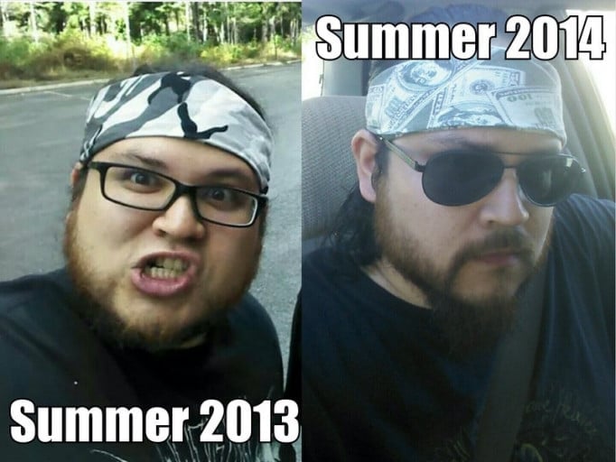 A progress pic of a 5'9" man showing a weight reduction from 300 pounds to 238 pounds. A net loss of 62 pounds.