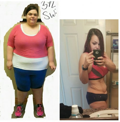 A photo of a 5'4" woman showing a weight loss from 372 pounds to 165 pounds. A total loss of 207 pounds.