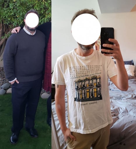 A progress pic of a 5'6" man showing a fat loss from 230 pounds to 150 pounds. A respectable loss of 80 pounds.