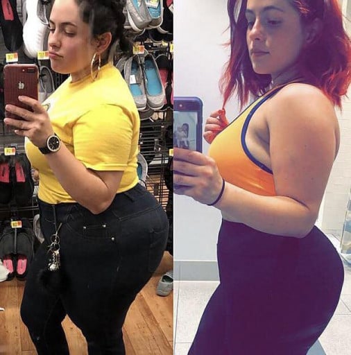 A picture of a 4'10" female showing a weight loss from 215 pounds to 170 pounds. A total loss of 45 pounds.