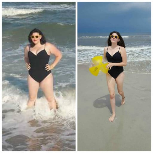 A photo of a 5'5" woman showing a weight cut from 185 pounds to 125 pounds. A net loss of 60 pounds.