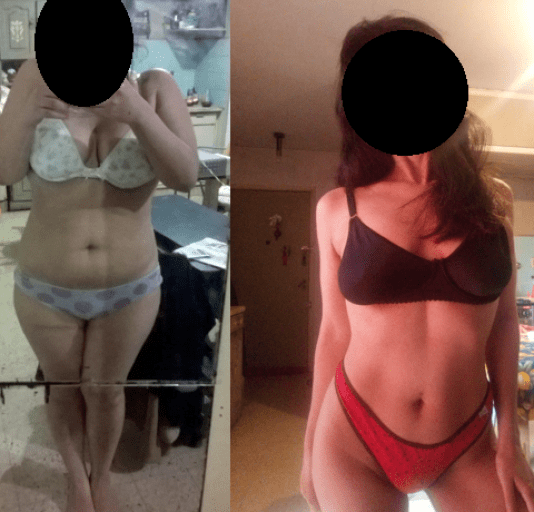 A photo of a 5'2" woman showing a weight cut from 165 pounds to 120 pounds. A respectable loss of 45 pounds.