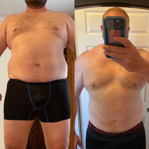 A before and after photo of a 6'5" male showing a weight reduction from 340 pounds to 320 pounds. A respectable loss of 20 pounds.