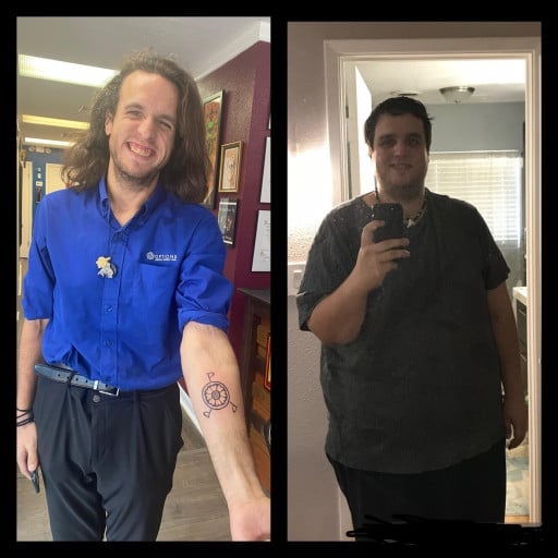 A progress pic of a 6'1" man showing a fat loss from 525 pounds to 175 pounds. A total loss of 350 pounds.