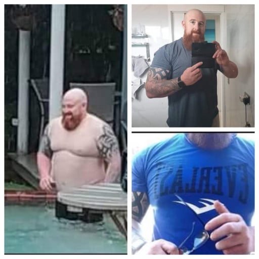 A picture of a 6'2" male showing a weight loss from 327 pounds to 265 pounds. A total loss of 62 pounds.