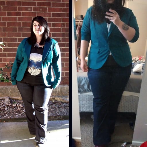 A before and after photo of a 5'1" female showing a fat loss from 234 pounds to 200 pounds. A net loss of 34 pounds.