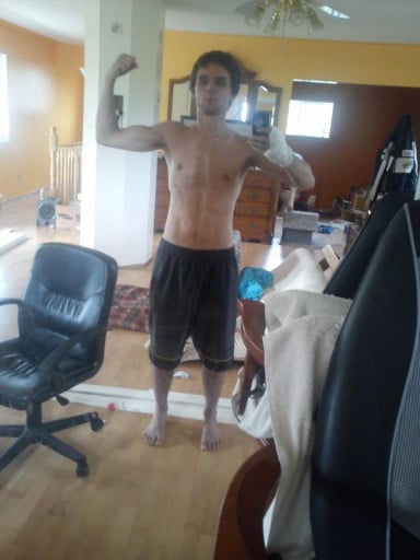 A before and after photo of a 5'9" male showing a snapshot of 130 pounds at a height of 5'9
