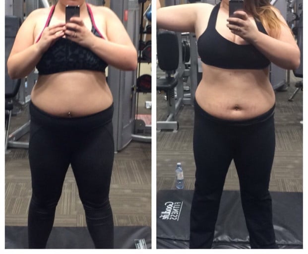 A progress pic of a 5'1" woman showing a fat loss from 185 pounds to 170 pounds. A net loss of 15 pounds.