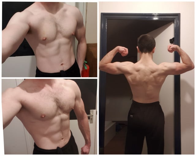 A progress pic of a 5'11" man showing a weight gain from 148 pounds to 165 pounds. A net gain of 17 pounds.