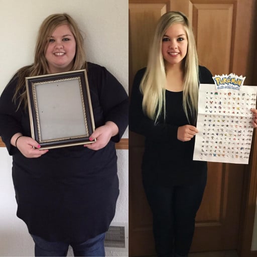 A picture of a 5'0" female showing a weight loss from 304 pounds to 153 pounds. A total loss of 151 pounds.