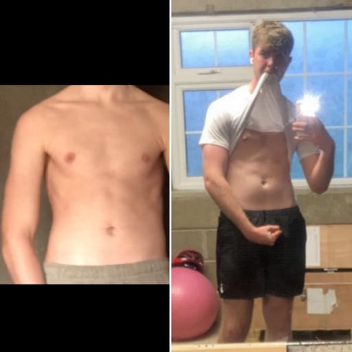 A progress pic of a 6'6" man showing a weight bulk from 185 pounds to 205 pounds. A respectable gain of 20 pounds.