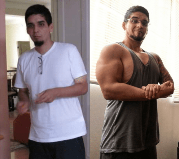 A photo of a 5'7" man showing a muscle gain from 122 pounds to 181 pounds. A total gain of 59 pounds.
