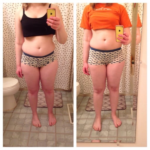 A picture of a 5'3" female showing a weight bulk from 115 pounds to 120 pounds. A total gain of 5 pounds.