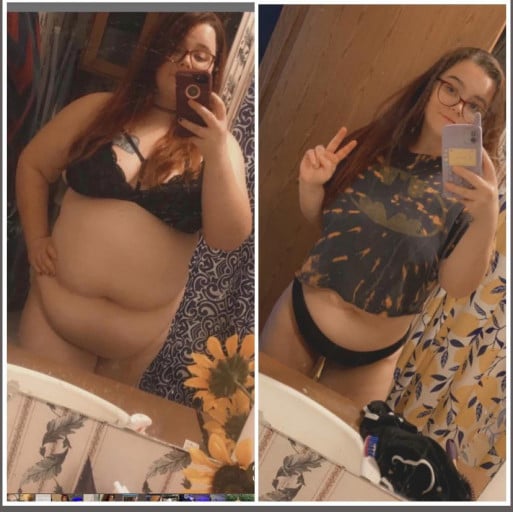 A before and after photo of a 5'4" female showing a weight reduction from 280 pounds to 198 pounds. A total loss of 82 pounds.
