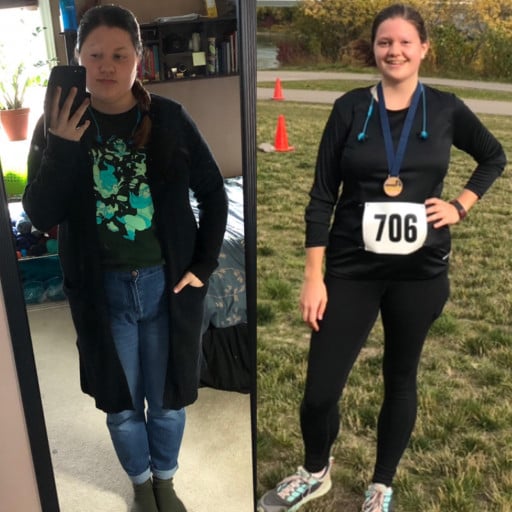 A progress pic of a 5'5" woman showing a fat loss from 216 pounds to 152 pounds. A respectable loss of 64 pounds.