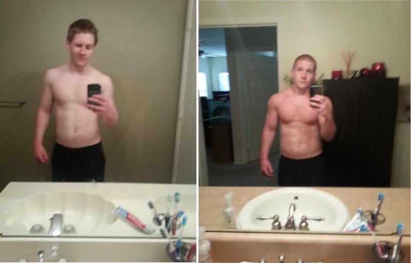A progress pic of a 5'8" man showing a weight gain from 134 pounds to 142 pounds. A net gain of 8 pounds.