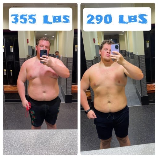 A picture of a 6'2" male showing a weight loss from 355 pounds to 290 pounds. A respectable loss of 65 pounds.