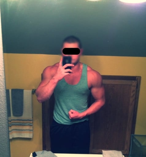 A picture of a 6'2" male showing a muscle gain from 205 pounds to 230 pounds. A respectable gain of 25 pounds.