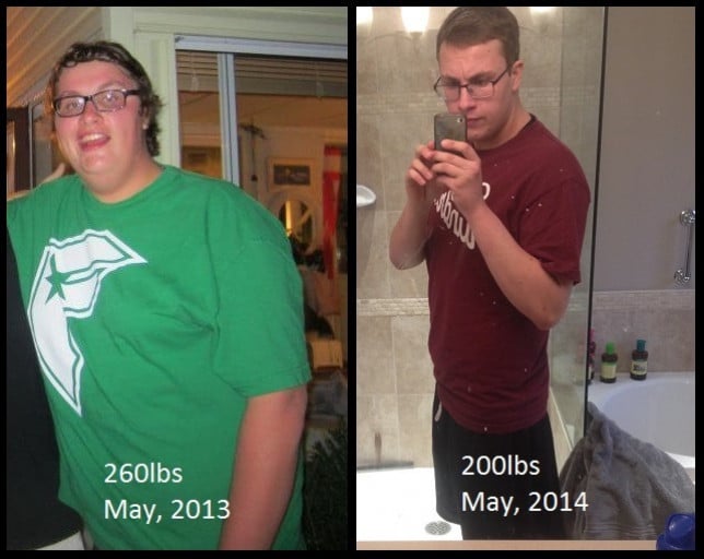 A progress pic of a 6'2" man showing a fat loss from 265 pounds to 200 pounds. A respectable loss of 65 pounds.