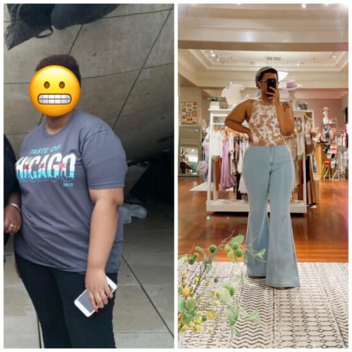 A progress pic of a 5'3" woman showing a fat loss from 230 pounds to 160 pounds. A net loss of 70 pounds.