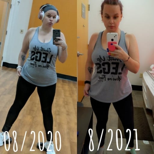 A progress pic of a 5'4" woman showing a fat loss from 210 pounds to 160 pounds. A respectable loss of 50 pounds.