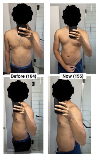 A picture of a 5'8" male showing a weight loss from 164 pounds to 155 pounds. A net loss of 9 pounds.